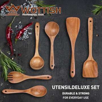 Wooden Spoons - Wooden Spoons for Cooking, Wooden Utensils for Cooking Natural Teak Wooden Kitchen U...
