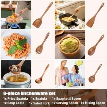 Wooden Spoons - Wooden Spoons for Cooking, Wooden Utensils for Cooking Natural Teak Wooden Kitchen Utensils Set,6-Piece Wooden Cooking Utensils(A06)