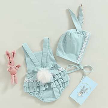 Baby Girl Easter Outfit Vintage Onesie Overalls and Bunny Ears/Toddler Dress Sister Mathing Clothes with Tail (Onesie Bunny Blue,12-18 Months)