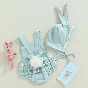 Baby Girl Easter Outfit Vintage Onesie Overalls and Bunny Ears/Toddler Dress Sister Mathing Clothes with Tail (Onesie Bunny Blue,12-18 Months)