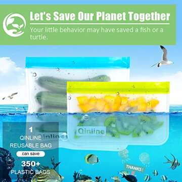 Qinline Reusable Food Storage Bags - 10 Pack Silicone Freezer Bags, BPA Free Reusable Bags Silicone, Extra Thick Leakproof Reusable Lunch Bag for Marinate Salad Fruit Travel - 5 Sandwich 5 Snack Bags