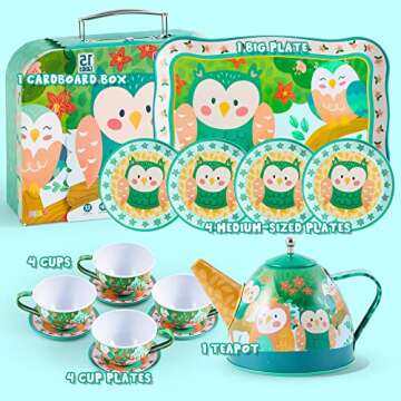 JOYIN Owl Garden Tea Party Set for Little Girls, Pretend Tin Teapot Set, Princess Tea Time Play Kitc...