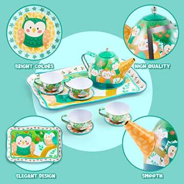 JOYIN Owl Garden Tea Party Set for Little Girls, Pretend Tin Teapot Set, Princess Tea Time Play Kitchen Toy with Teapot, Cups, Plate and Carrying Case for Birthday Easter Gifts Kid Toddler Age 3 4 5 6