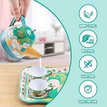 JOYIN Owl Garden Tea Party Set for Little Girls, Pretend Tin Teapot Set, Princess Tea Time Play Kitchen Toy with Teapot, Cups, Plate and Carrying Case for Birthday Easter Gifts Kid Toddler Age 3 4 5 6