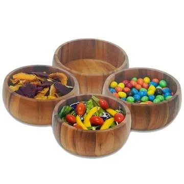 Woodard & Charles Set of 4 Acacia Wood Large Individual Salad Bowls, Snack Serving Bowls, 6 1/2" x 2...