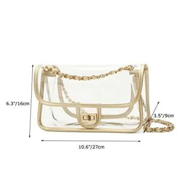 LAM GALLERY Womens PVC Clear Purse Handbag with Chain Stadium Approved Clear Bag See Through Bag for Working and Concert (Gold Gold Large)