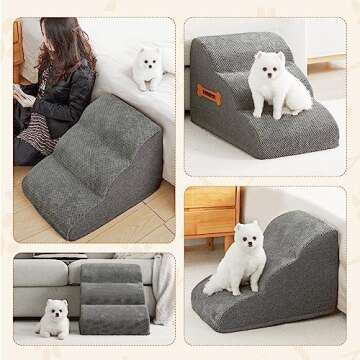High Density Foam Dog Stairs Ramp for Beds Couches, Romrol Extra Wide Pet Steps with Durable Non-Slip Waterproof Fabric Cover, Dog Slope Stairs Friendly to Small Dogs and Cats or Pets Joints, 3-Tiers