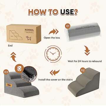 High Density Foam Dog Stairs Ramp for Beds Couches, Romrol Extra Wide Pet Steps with Durable Non-Slip Waterproof Fabric Cover, Dog Slope Stairs Friendly to Small Dogs and Cats or Pets Joints, 3-Tiers