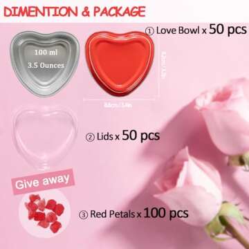 Heart Shaped Cake Pans for Baking with Red Petals, BLVRYVIO 50 Sets Aluminum Cupcake Cups with Lids,...