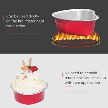 Heart Shaped Cake Pans for Baking with Red Petals, BLVRYVIO 50 Sets Aluminum Cupcake Cups with Lids, 100 ml/ 3.5 Ounces Red Disposable Mini Foil Pans for Valentine's Day Wedding Parties