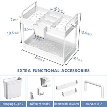 SOLEJAZZ Under Sink Organizer, Under Sink Organizers and Storage Multi-purpose Under Cabinet Storage, 2 Tier Under Bathroom Cabinet Storage with Dividers, Hooks, Cup for Bathroom, Kitchen, White