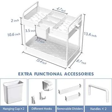 SOLEJAZZ Under Sink Organizer, Under Sink Organizers and Storage Multi-purpose Under Cabinet Storage, 2 Tier Under Bathroom Cabinet Storage with Dividers, Hooks, Cup for Bathroom, Kitchen, White