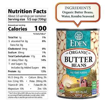 Eden Organic Butter Beans, (Baby Lima Beans), No Salt Added, USA Grown, Non GMO, 15 oz (12-Pack)
