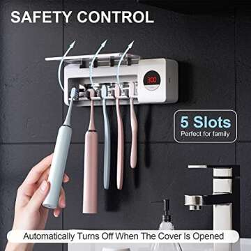 HouseGem Toothbrush Holder, Timer Function, 2000mAh Rechargeable Cordless Wall-Mounted Bathroom (White)