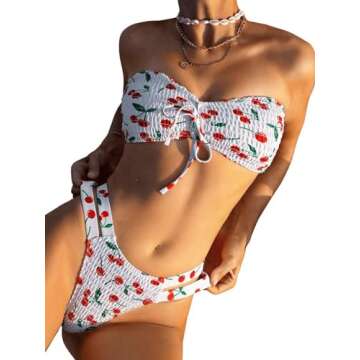 GORGLITTER Women's Strapless Smocked Bandeau Bikini Set - Cherry Print, White