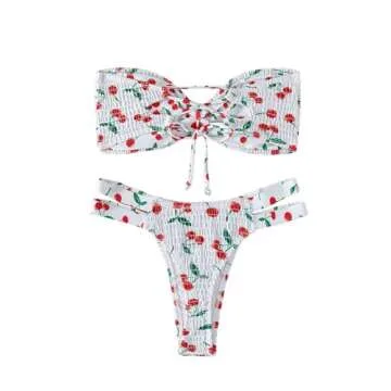 Stylish Cherry Print Strapless Bikini for Women