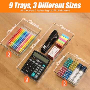 9 Pack Clear Plastic Drawer Organizer Set, Acrylic Non Slip Non Cracking Kitchen Drawer Storage Tray...