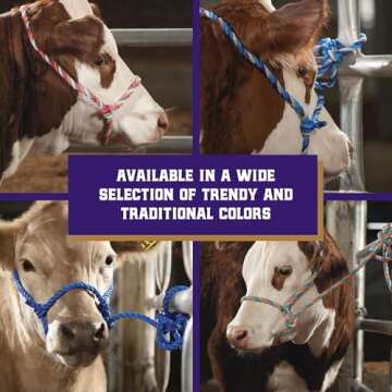 Weaver Livestock Braided Poly Rope Cattle Halter, Adjustable Style Cow Calf Halter, Livestock Handling Equipment for Showing, Purple/Black/Teal