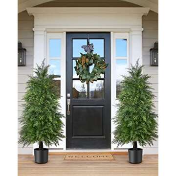YEMMEN 2 Pack 4ft Artificial Cedar Topiary Trees for Outdoor Front Porch Décor, UV Rated Fake Potted Plants for Indoor and Outdoor Use