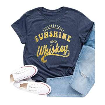 Enmeng Womens Sunshine and Whiskey T-Shirt Casual Beach Country Music Party Drinking Tees (XL, Navy)