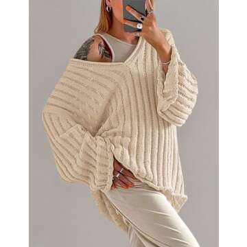 MISSACTIVER Women’s Oversized Long Sleeve Sweater - Chic V Neck Off Shoulder Key Features