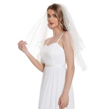 emondora 2-Tier Wedding Veil Ivory Beaded Bridal Veil Short Wedding Veil With Rhinestones Bachelorette Veil For Bride