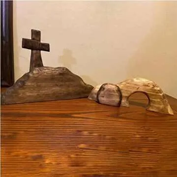 Easter Resurrection Scene Wooden Cross Empty Tomb Easter Handcrafted Jesus Nativity Scene Decor for Religious Home Office Décor