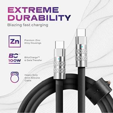 Statik TsumoCharge USB C to USB C Cable 100W Fast Charging Cable - Heavy-Duty Unbreakable Silicone, Supports Data Transfer Type C to Type C Cable, Cord Wrap Organizer Included, 6FT/2M, Black