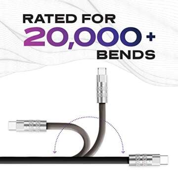 Statik TsumoCharge USB C to USB C Cable 100W Fast Charging Cable - Heavy-Duty Unbreakable Silicone, Supports Data Transfer Type C to Type C Cable, Cord Wrap Organizer Included, 6FT/2M, Black