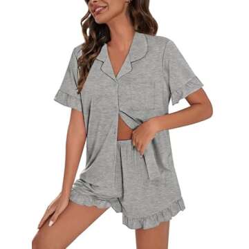 SWOMOG Womens Pajama Set Short Sleeve Soft Ladies Sleepwear Button Down Ruffle Pj Set Grey Large Postpartum PJ Shorts