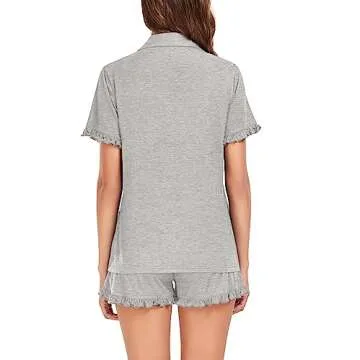 SWOMOG Womens Pajama Set Short Sleeve Soft Ladies Sleepwear Button Down Ruffle Pj Set Grey Large Postpartum PJ Shorts