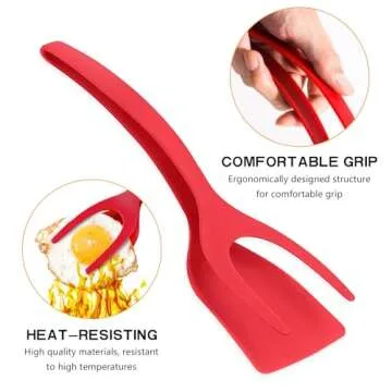 Egg Flipper Spatula 2 PCS 2 in 1 Grip and Flip Spatula Tongs Spatulas for Kitchen use Eggflipper Spatulaflipper Eggturner Pancake Fish French Toast Omelet Making for Home Cooking Tool (black and red)