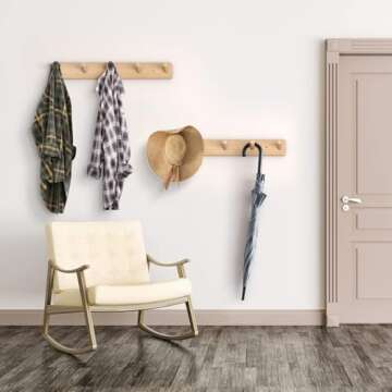 HangerSpace Wooden Wall Mounted Coat Rack, Natural Wood Duty Coat Hooks with 5 Pegs Wall Hooks, Wooden Coat Hanger Hat Rack for Hanging Coats Towels Purse Robes