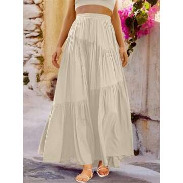 ANRABESS Women’s Boho Elastic High Waist Pleated A-Line Flowy Swing Asymmetric Tiered Maxi Long Sk...