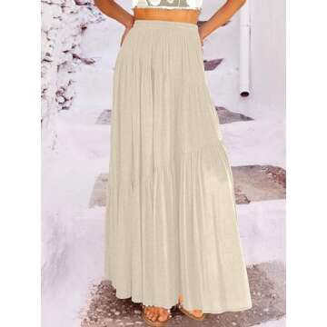 ANRABESS Women’s Boho Elastic High Waist Pleated A-Line Flowy Swing Asymmetric Tiered Maxi Long Skirt Dress with Pockets Apricort Large