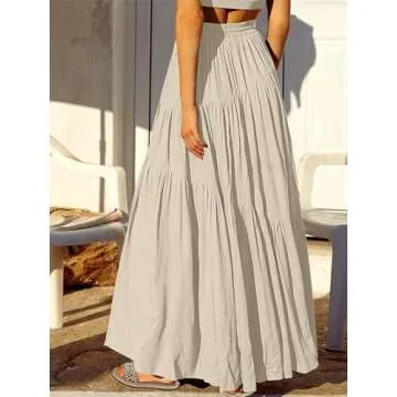 ANRABESS Women’s Boho Elastic High Waist Pleated A-Line Flowy Swing Asymmetric Tiered Maxi Long Skirt Dress with Pockets Apricort Large