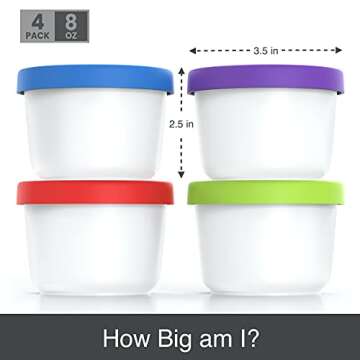 BALCI - 8oz Mini Ice Cream Containers with Silicone Lids (Set of 4) - Freezer Food Storage Containers, Reusable, LeakProof, For Homemade IceCream Containers - Blue, Red, Green, Purple