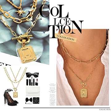 MJartoria Layered Initial Necklaces for Women Trendy, 14K Gold Plated Simple Star Choker Square Letter Pendant Necklace, Paperclip Chain Necklace, Gold Necklaces Jewelry Gifts (Gold, A.)