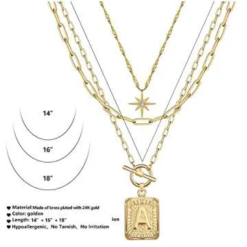 MJartoria Layered Initial Necklaces for Women Trendy, 14K Gold Plated Simple Star Choker Square Letter Pendant Necklace, Paperclip Chain Necklace, Gold Necklaces Jewelry Gifts (Gold, A.)