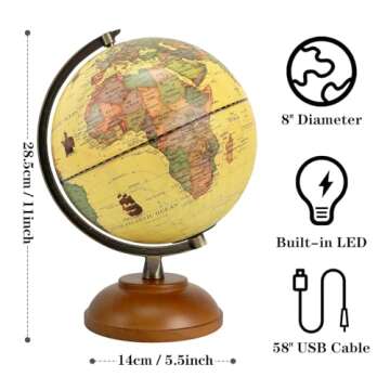 JOWHOL Illuminated 8" Globe with Wooden Stand for Learning