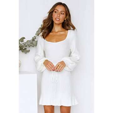 MASCOMODA Women's Fashion Lantern Long Sleeve Mini Sweater Dress Crewneck Back Cutout Slim Fit Solid A-line Knit Short Dress(Small,White)