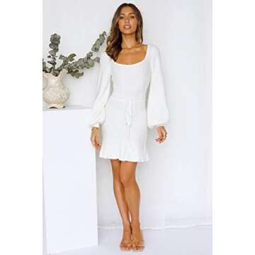 MASCOMODA Women's Fashion Lantern Long Sleeve Mini Sweater Dress Crewneck Back Cutout Slim Fit Solid A-line Knit Short Dress(Small,White)