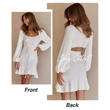 MASCOMODA Women's Fashion Lantern Long Sleeve Mini Sweater Dress Crewneck Back Cutout Slim Fit Solid A-line Knit Short Dress(Small,White)