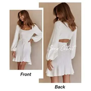 MASCOMODA Women's Fashion Lantern Long Sleeve Mini Sweater Dress Crewneck Back Cutout Slim Fit Solid A-line Knit Short Dress(Small,White)