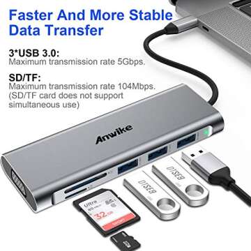 Docking Station, ANWIKE USB C Docking Station with 2 HDMI, VGA, 3 USB Ports, USB-C PD, SD/TF Card Reader, Triple Display USB C HUB (DP ALT) Compatible MacBook Pro & MacBook Air, Dell XPS