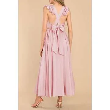 MITILLY Women's Summer Flutter Sleeve Square Neck Tie Back Casual Pleated A-Line Flowy Maxi Dress with Pockets Large Pink
