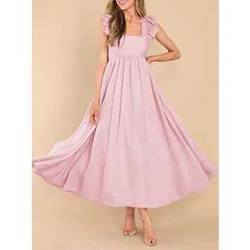 MITILLY Women's Summer Flutter Sleeve Square Neck Tie Back Casual Pleated A-Line Flowy Maxi Dress with Pockets Large Pink
