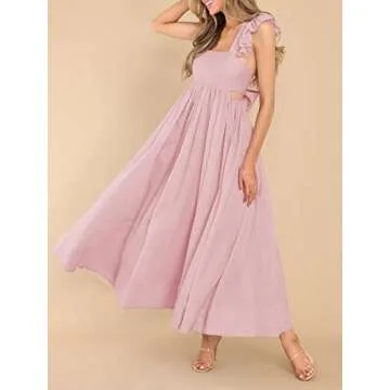 MITILLY Women's Summer Flutter Sleeve Square Neck Tie Back Casual Pleated A-Line Flowy Maxi Dress with Pockets Large Pink
