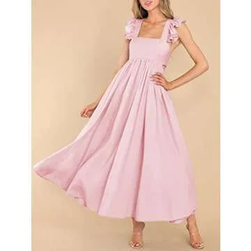 MITILLY Women's Summer Flutter Sleeve Square Neck Tie Back Casual Pleated A-Line Flowy Maxi Dress with Pockets Large Pink