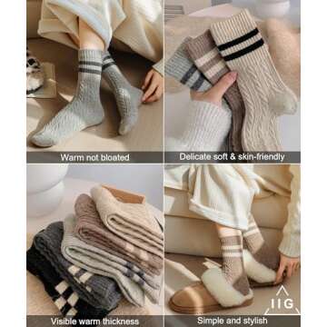 IIG 5 Pairs Women's Vintage Style Thick Wool Warm Winter Crew Socks (Cozy striped 03-5 Pairs)